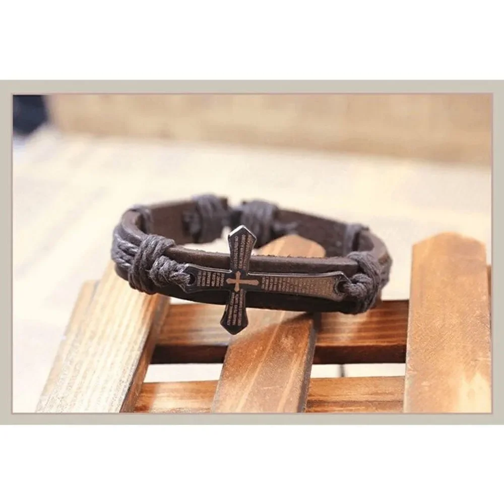 Genuine Brown Leather Cross Unisex Bracelet
